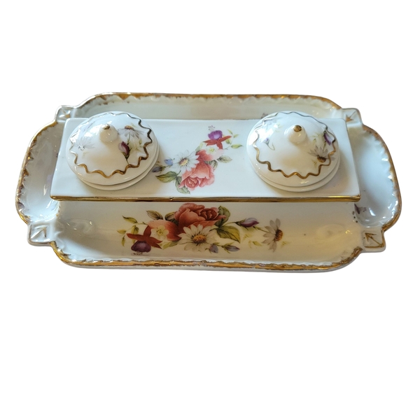 Vintage Limoge China Floral Porcelain Double Ink Well - Picture 2 of 12